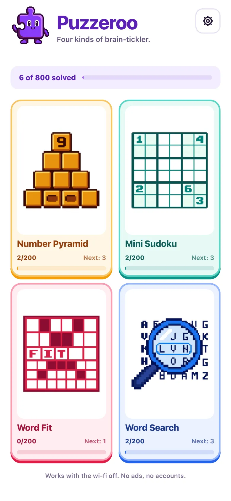 The Puzzeroo home screen: four puzzle cards — Number Pyramid, Mini Sudoku, Word Fit and Word Search — each with its own colour and a progress bar.