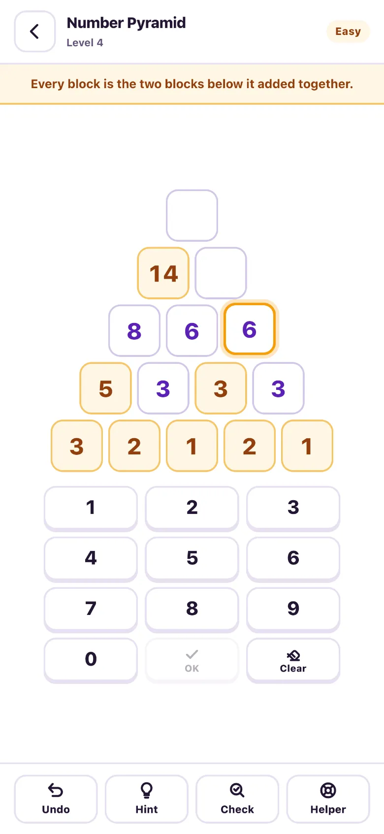 A number pyramid part-solved: amber given blocks along the base and the player’s own numbers stacked above them, with a number pad below.