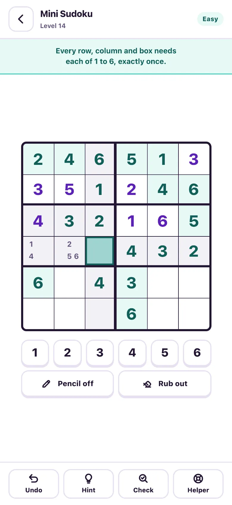 A six by six mini sudoku part-solved, with the given numbers in green, the player’s answers in purple, and pencil marks in two empty squares.