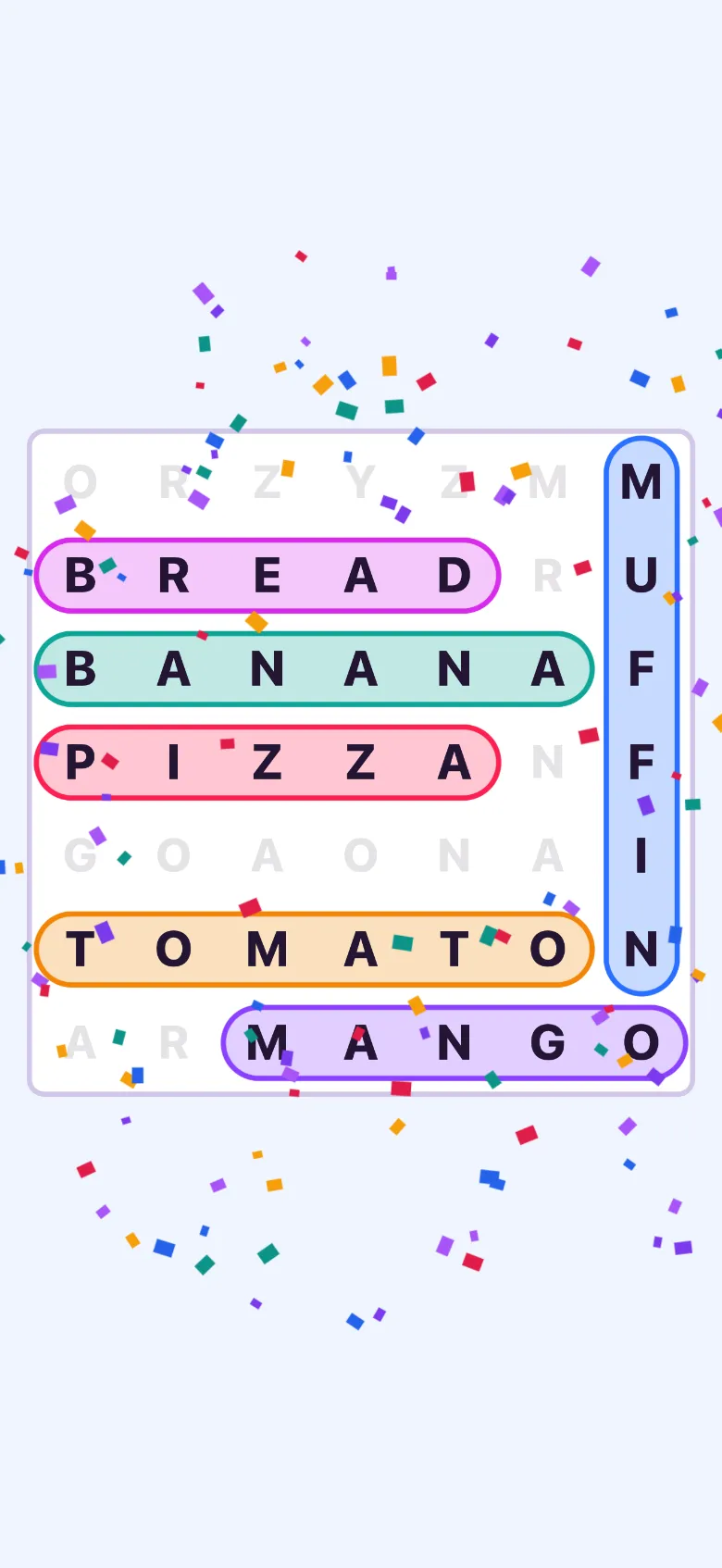 The moment a word search is finished: the grid fades back to just the found words in their colours, and confetti bursts out of it.