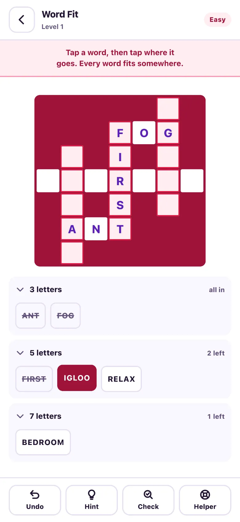 A kriss kross crossword with ANT, FOG and FIRST filled in, the word IGLOO picked up from the bank, and every slot it could fit lit up.