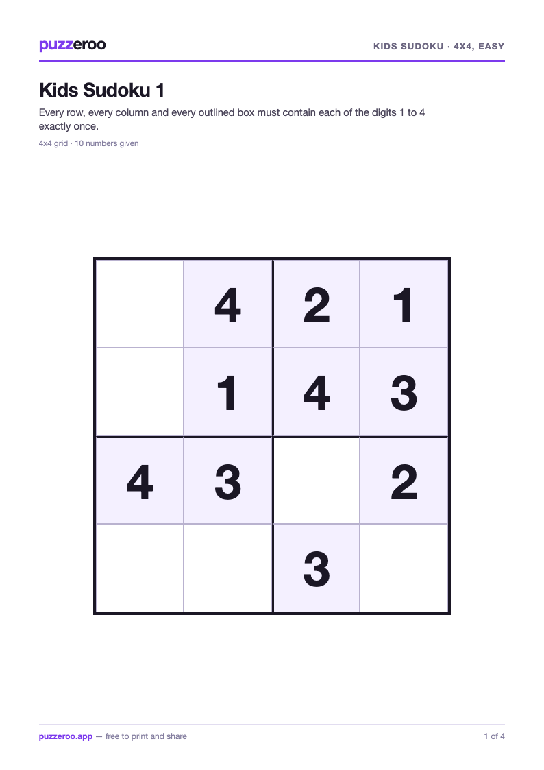 Preview of the Kids Sudoku 4x4, easy worksheet