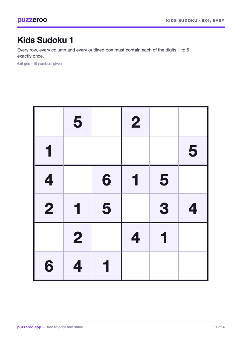 Preview of the Kids Sudoku 6x6, easy worksheet