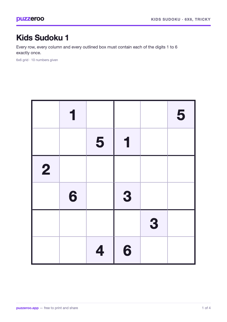 Preview of the Kids Sudoku 6x6, tricky worksheet