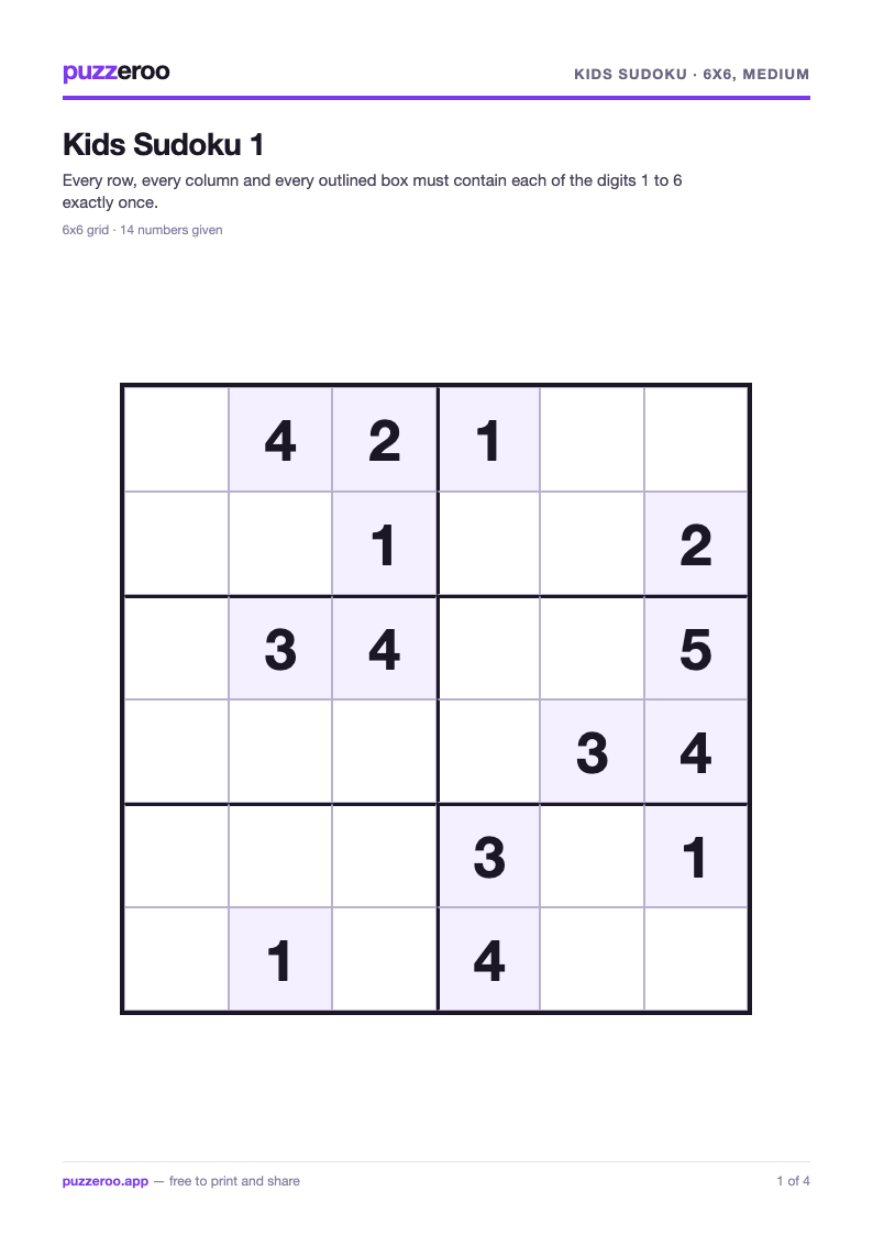 Preview of the Kids Sudoku 6x6, medium worksheet