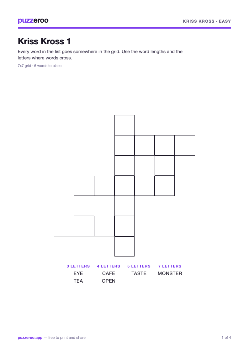 Preview of the Kriss Kross Easy worksheet