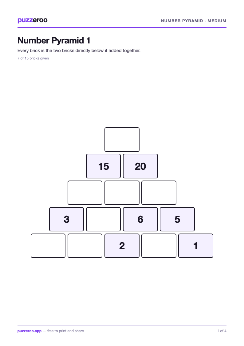 Preview of the Number Pyramid Medium worksheet