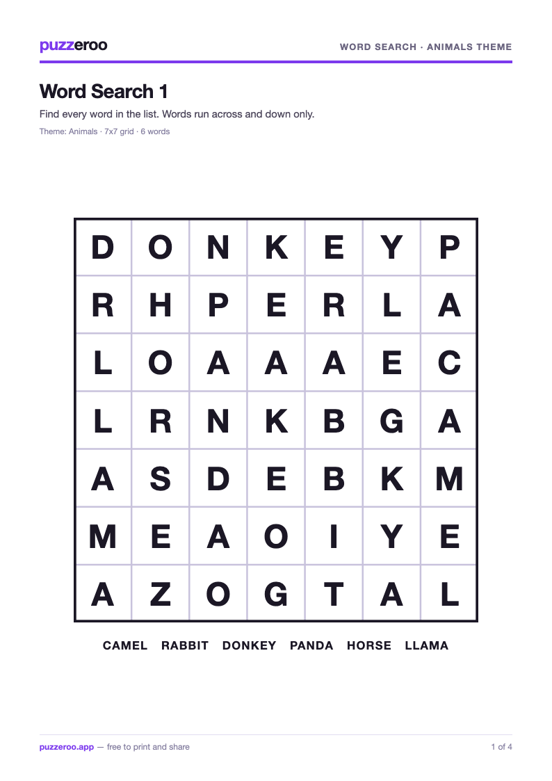 Preview of the Word Search Animals theme worksheet