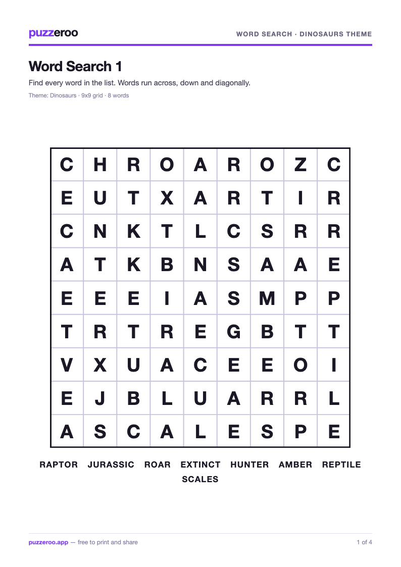 Preview of the Word Search Dinosaurs theme worksheet