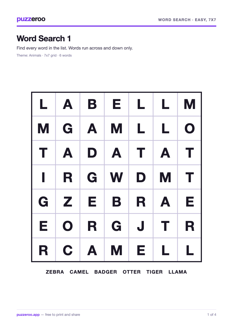 Preview of the Word Search Easy, 7x7 worksheet