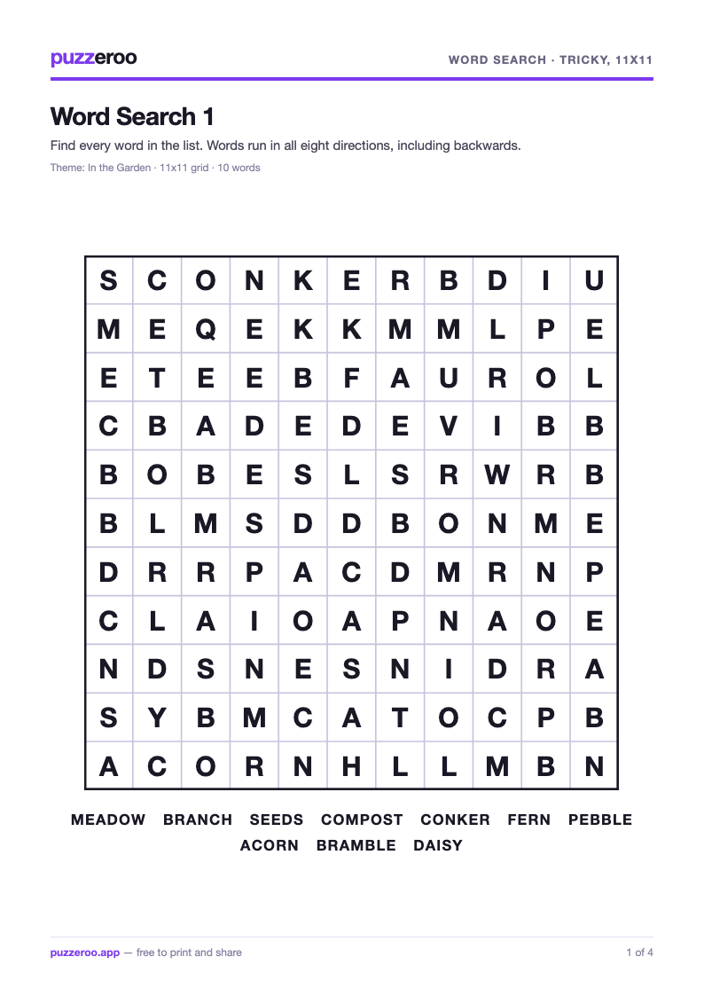 Preview of the Word Search Tricky, 11x11 worksheet