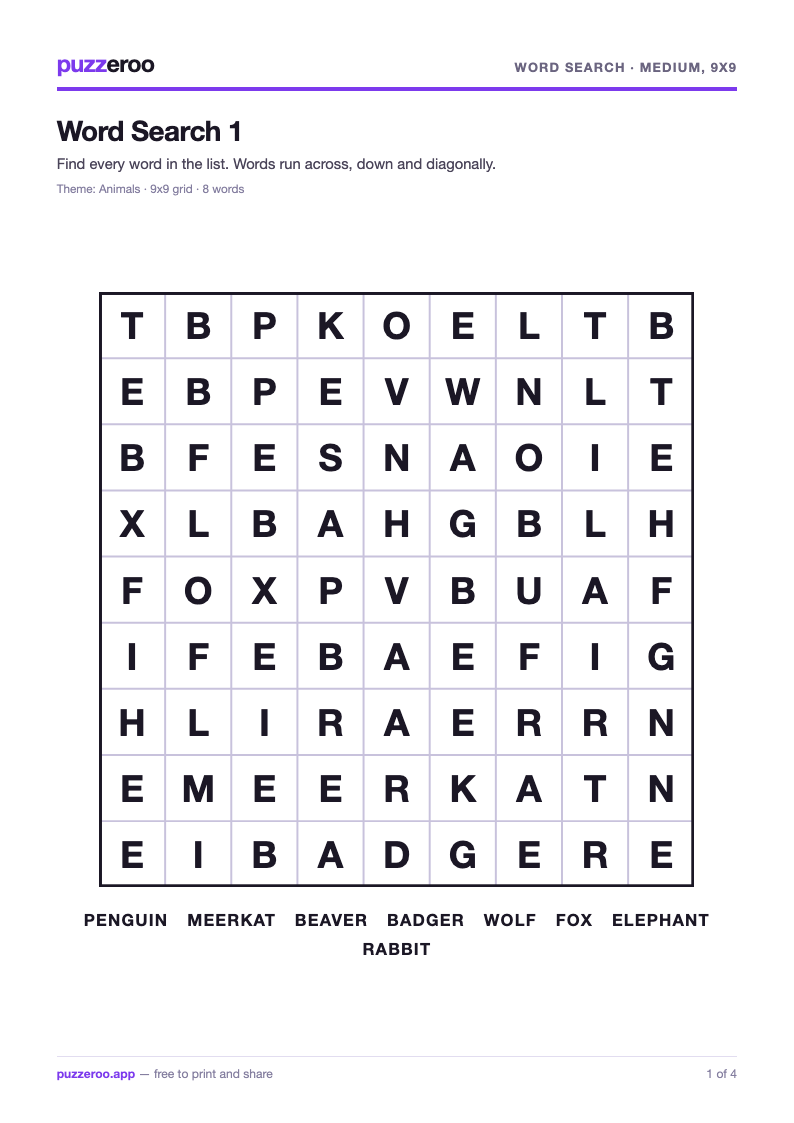 Preview of the Word Search Medium, 9x9 worksheet