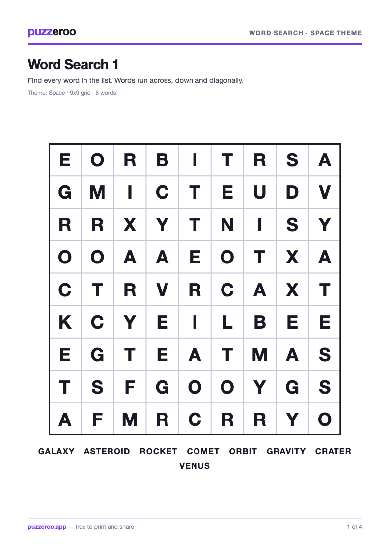 Preview of the Word Search Space theme worksheet