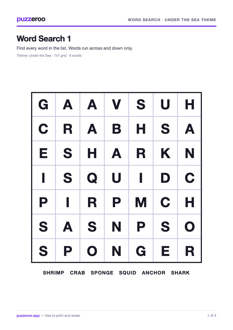 Preview of the Word Search Under the Sea theme worksheet